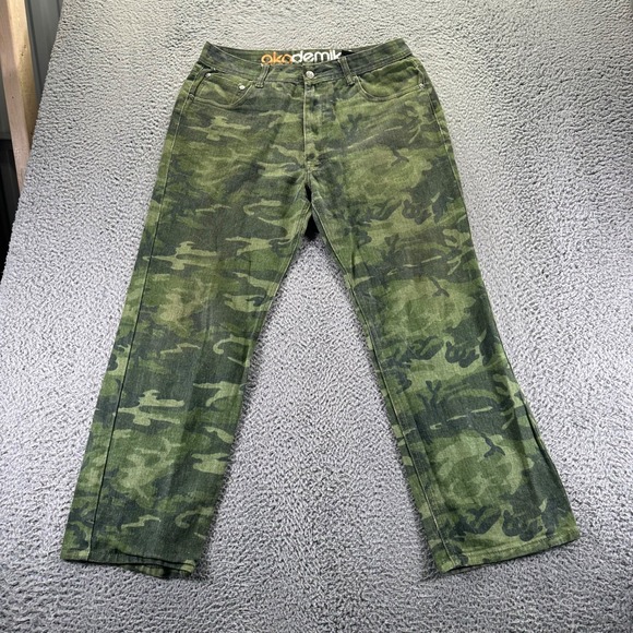 Vintage Akademiks Jeans Mens 36x32 Green Camouflage Cotton Straight Denim - Picture 1 of 10